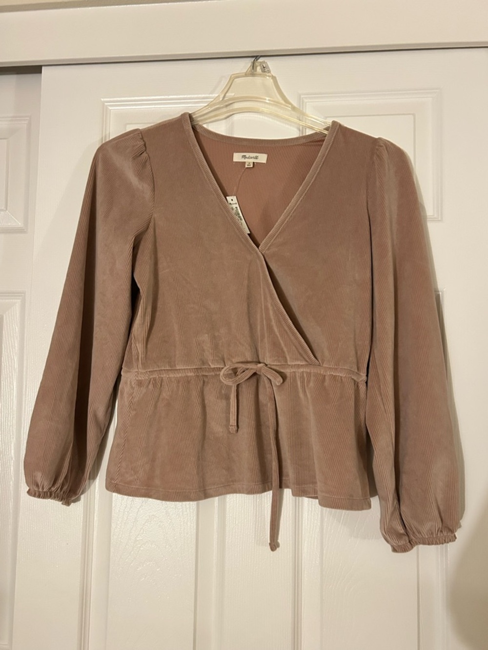 Madewell Mauve-Taupe Corduroy Wrap Blouse with Tie Waist
